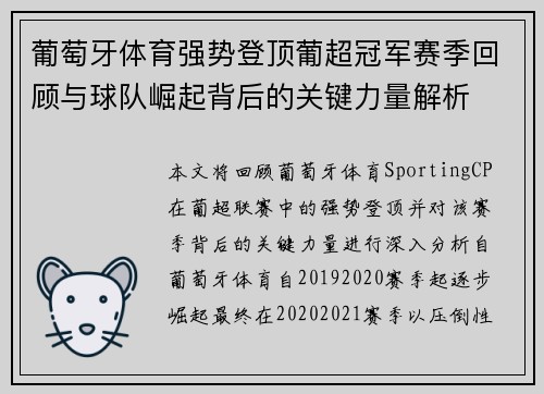 葡萄牙体育强势登顶葡超冠军赛季回顾与球队崛起背后的关键力量解析