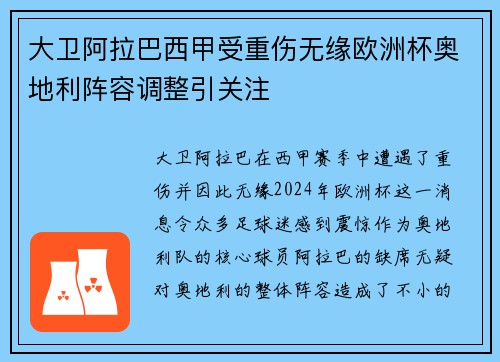 大卫阿拉巴西甲受重伤无缘欧洲杯奥地利阵容调整引关注 大卫阿拉巴西甲受重伤无缘欧洲杯奥地利阵容调整引关注